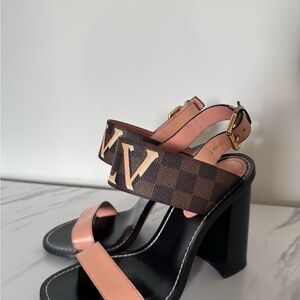 Louis Vuitton Pink Leather & Monogram Block Heel Sandals